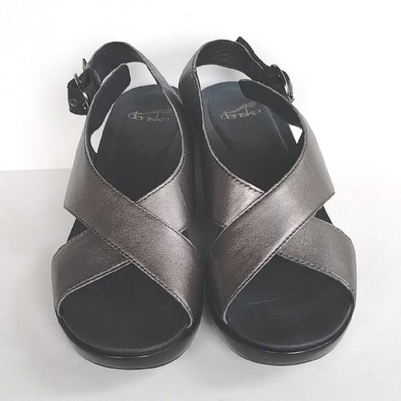 Dansko Jacinda Metallic Pewter & Black Leather Strappy Hidden Heel Sandals 40 - Picture 1 of 16